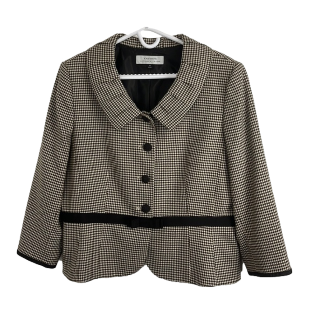 Tahari Beige & Brown Houndstooth Bow-Style Blazer